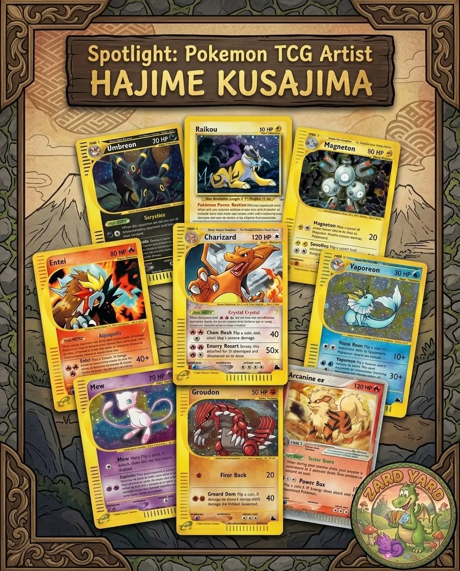Pokémon TCG artist spotlight graphic for Hajime Kusajima featuring classic Pokémon cards including Charizard, Umbreon, Entei and Mew Pokémon TCG artist spotlight graphic for Hajime Kusajima featuring classic Pokémon cards including Charizard, Umbreon, Entei and Mew