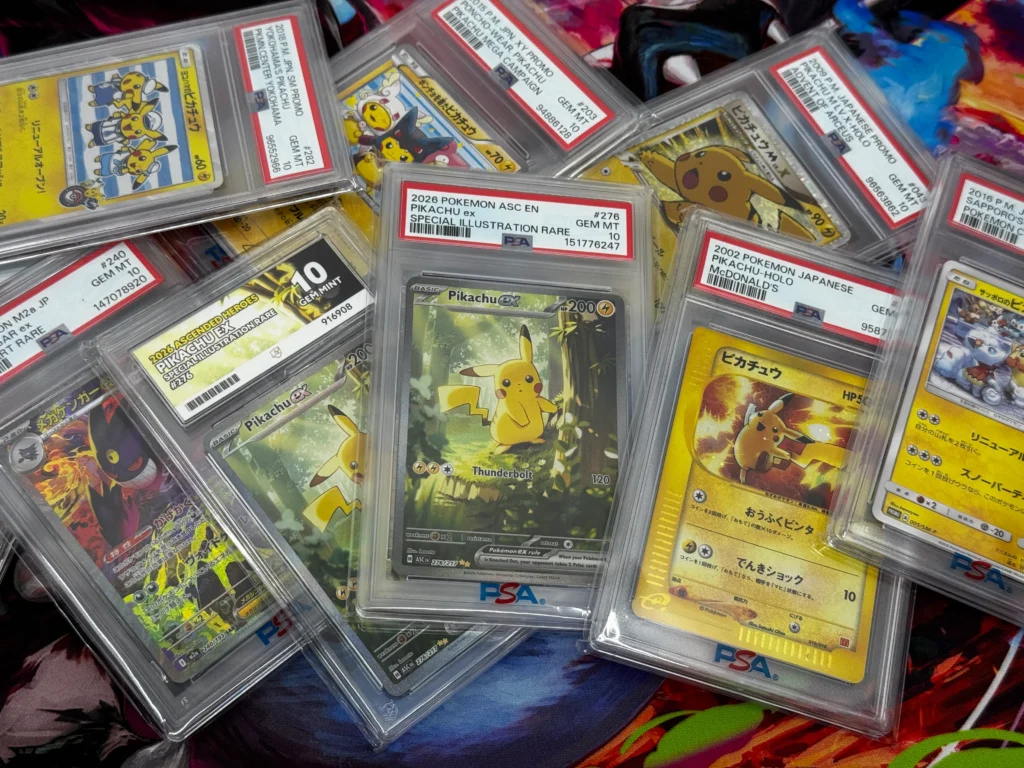 High value graded Pokémon card slabs including PSA and ACE Pikachu cards, Japanese promos and modern Pokémon hits