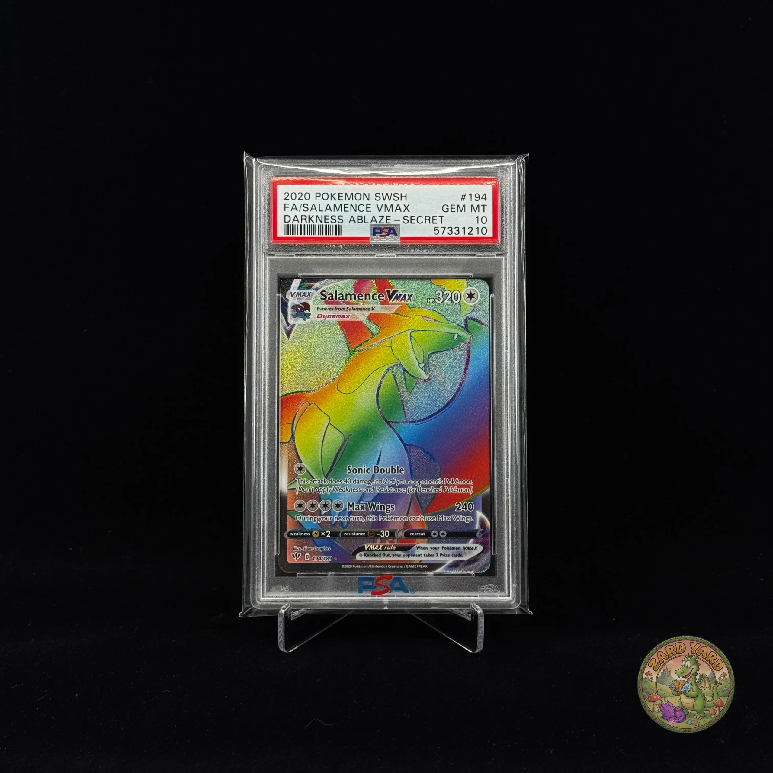 PSA 10 Salamence VMAX graded Pokémon card slab front view photographed for collectors and Pokémon TCG buyers. PSA 10 Salamence VMAX graded Pokémon card slab front view photographed for collectors and Pokémon TCG buyers.