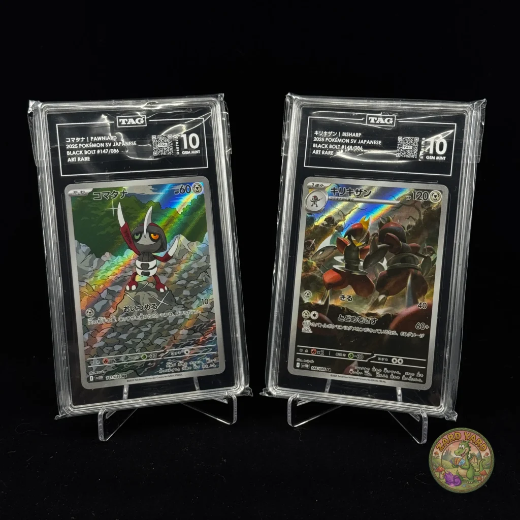 TAG 10 Pawniard & Bisharp graded Pokémon card slabs front view photographed for collectors and Pokémon TCG buyers.