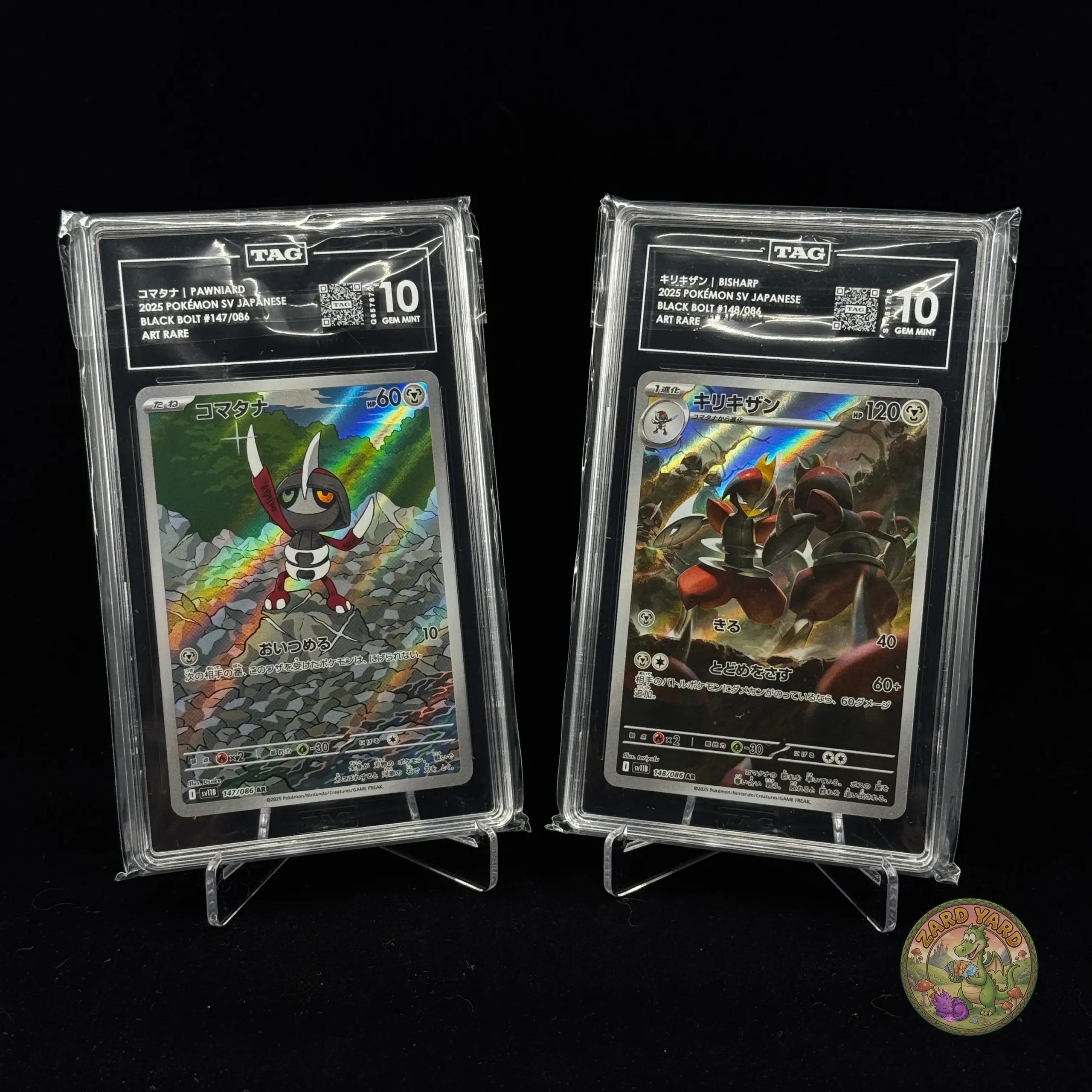 TAG 10 Pawniard & Bisharp graded Pokémon card slabs front view photographed for collectors and Pokémon TCG buyers. TAG 10 Pawniard & Bisharp graded Pokémon card slabs front view photographed for collectors and Pokémon TCG buyers.