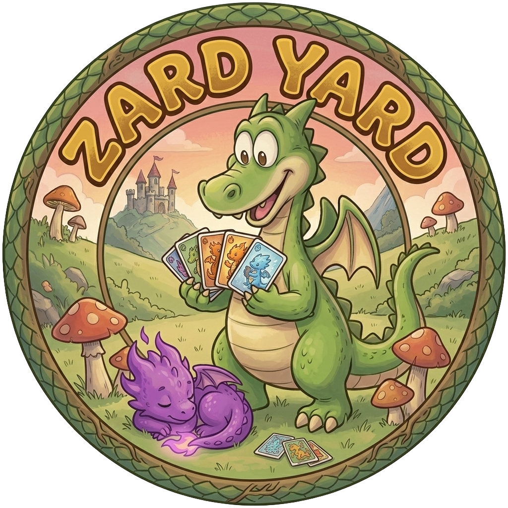 Zard Yard logo featuring a friendly green dragon holding trading cards in a fantasy landscape with a small purple dragon