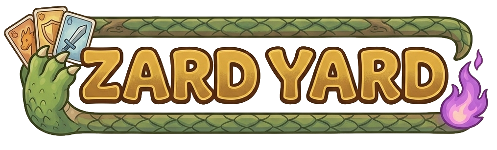 Zard Yard text logo with a dragon tail border, trading cards and purple flame icon